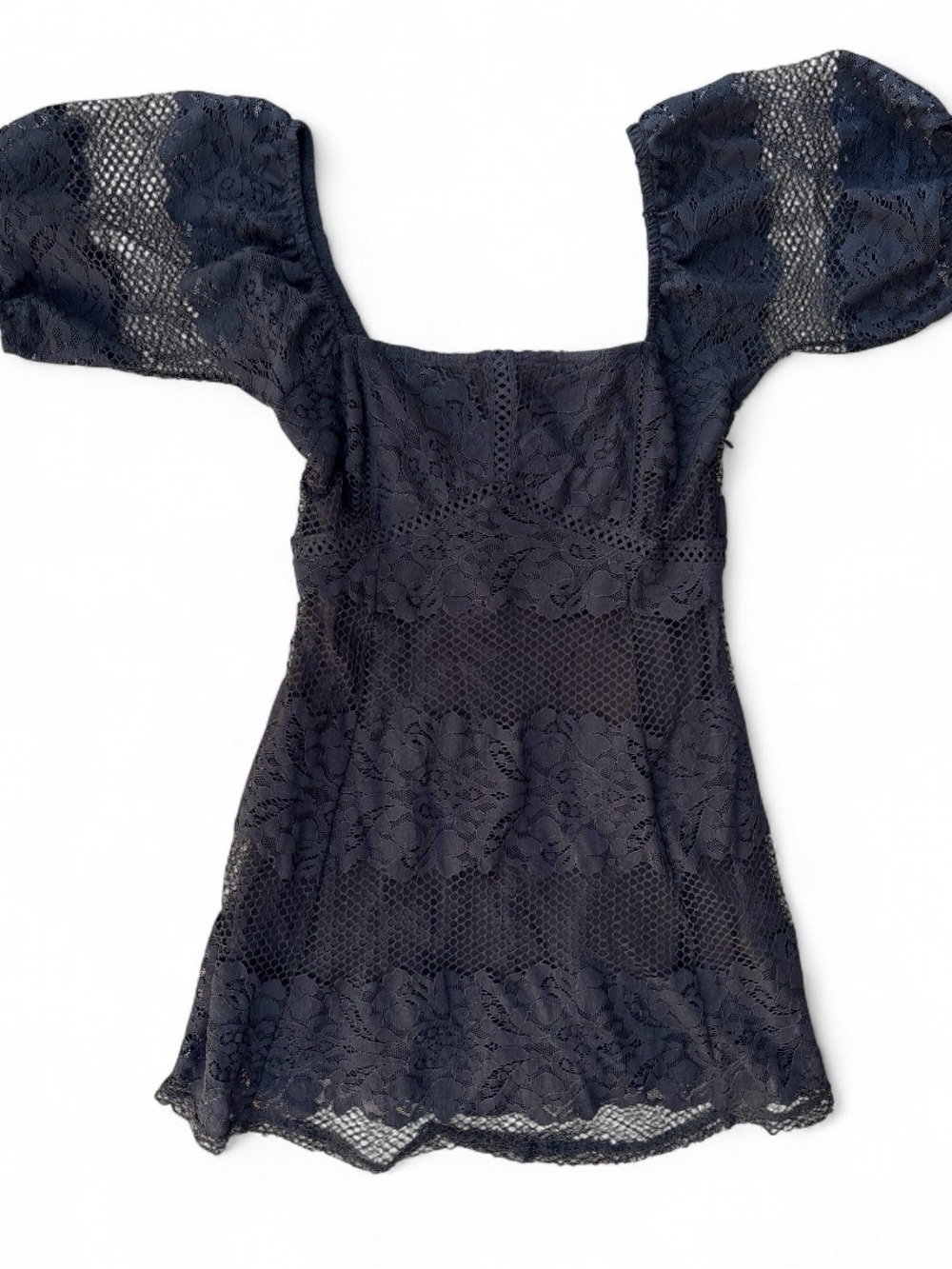 Free People Black Lace Puff Sleeve Mini Dress